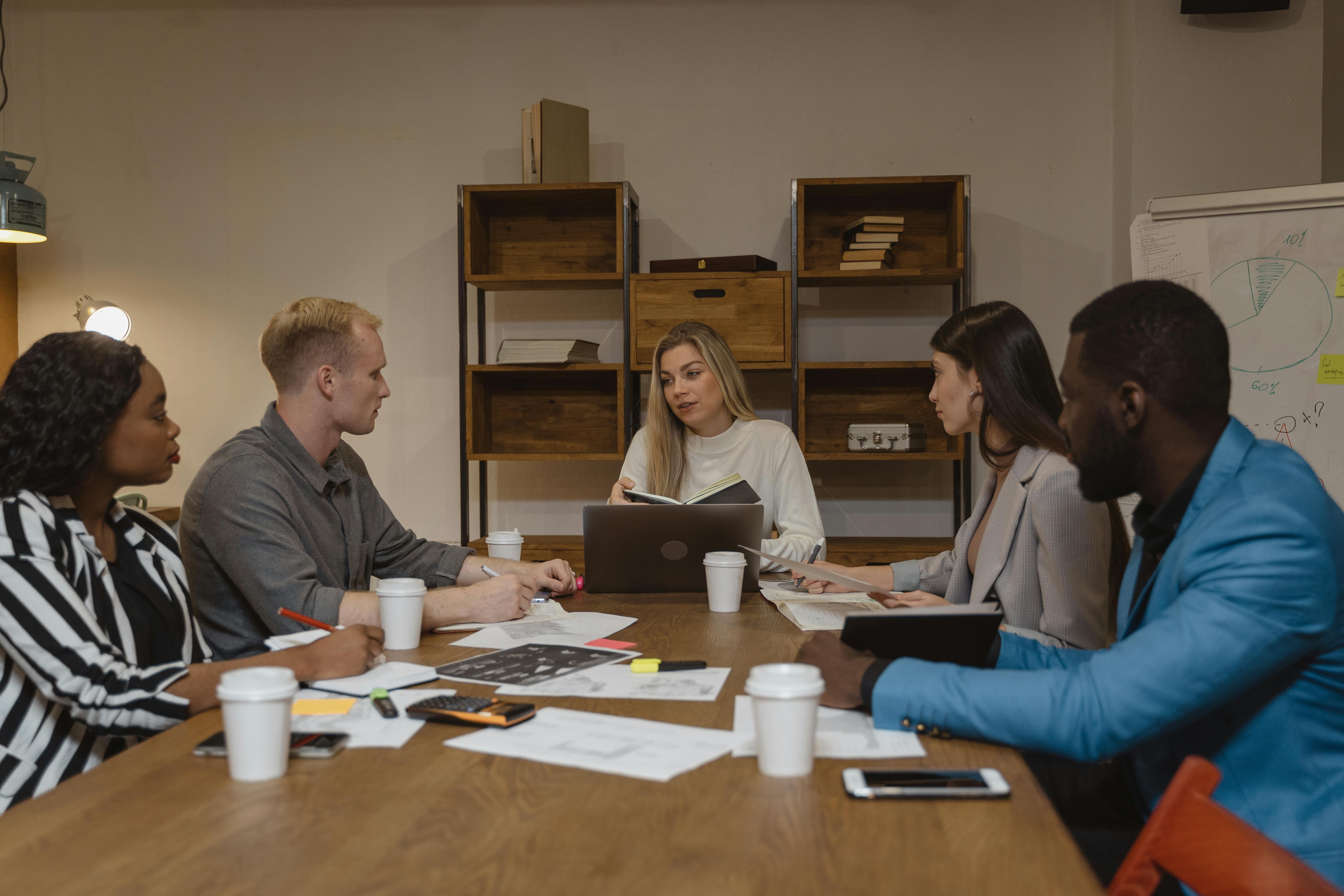 Marketing planning meeting in a collaborative office setting